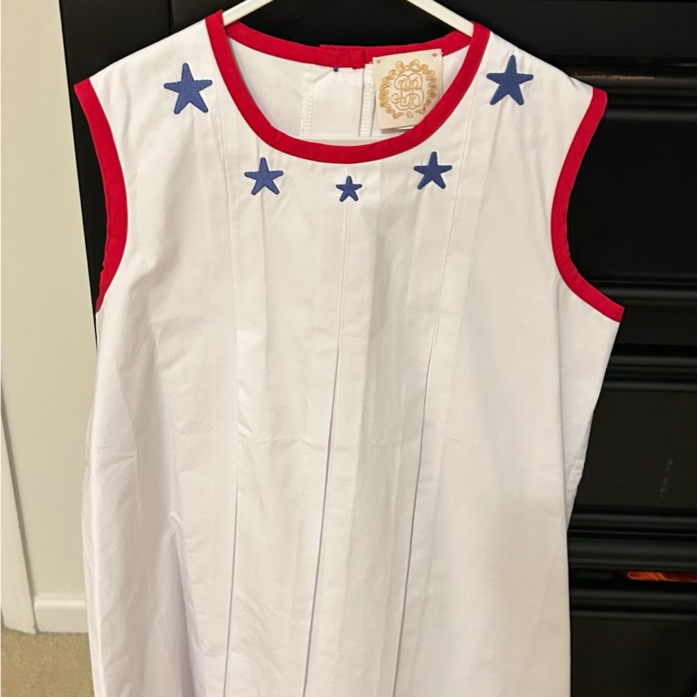 Size 12 Beaufort Bonnet White Sleeveless Dress with Blue Stars and Red Trim